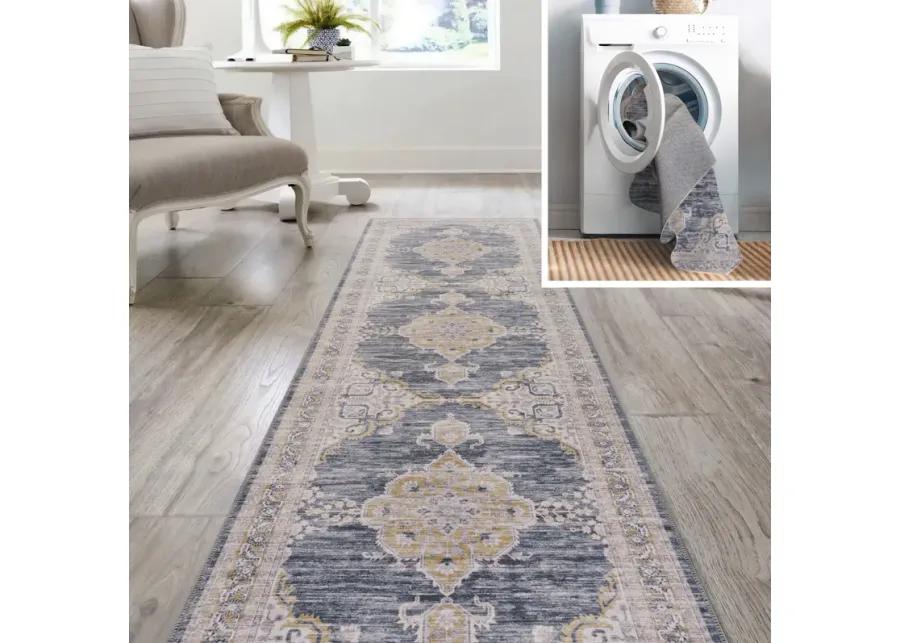 Wincer Chenille Cottage Medallion Machine-Washable Navy/Gray/Black 2 ft. x 8 ft. Runner Rug