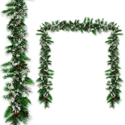 9 Feet Pre-lit Snow Flocked Tips Christmas Garland with Red Berries