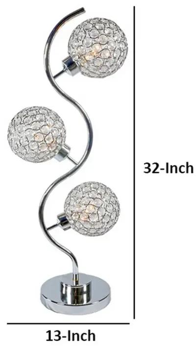 Denise 32 Inch Table Lamp, Metal Frame, Round Base Glass, Crystals, Silver - Benzara