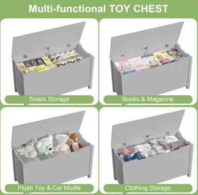 Kids Wooden Toy Box Storage With Safety Hinged Lid For Ages 3+ (Gray)