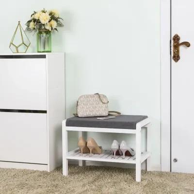 Wicker Shoe Bench Rack with Cushioned Padded Seat - Entryway Storage Shelf Bench