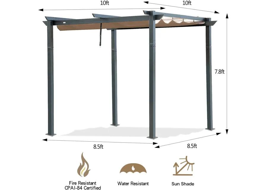 MONDAWE 10 ft. x 10 ft. Beige-Tan Polyester Outdoor Patio Gazebo Steel Frame Grape Pergola with Retractable Shade Canopy