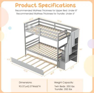 Home Wood Bunk Bed with Guard Rail and 4-step Storage Stairs No Box Spring Needed