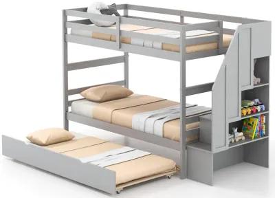 Home Wood Bunk Bed with Guard Rail and 4-step Storage Stairs No Box Spring Needed