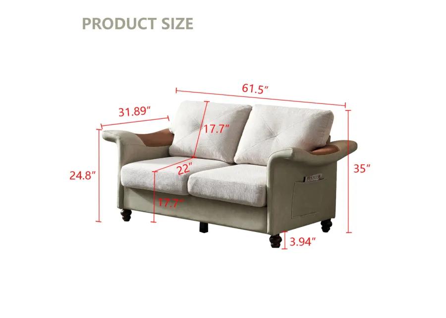 Living Room General Use Linen Fabric PU Leather With Wood Leg Loveseat