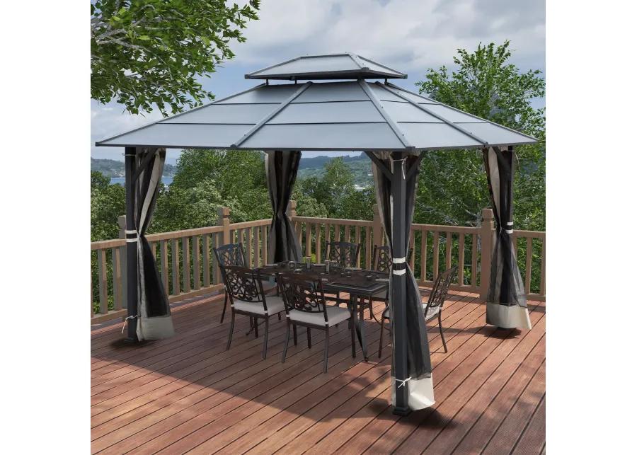 MONDAWE 10 ft�12 ft Metal Hardtop Double Roof Patio Gazebo with Netting and Curtains