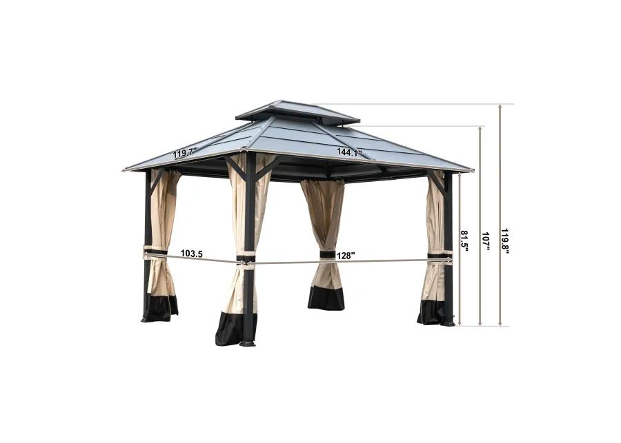 MONDAWE 10 ft�12 ft Metal Hardtop Double Roof Patio Gazebo with Netting and Curtains