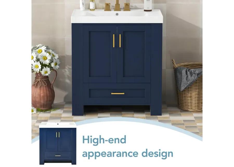 Vintage Blue and Gold Bathroom Cabinet with Storage, Durable Resin Basin