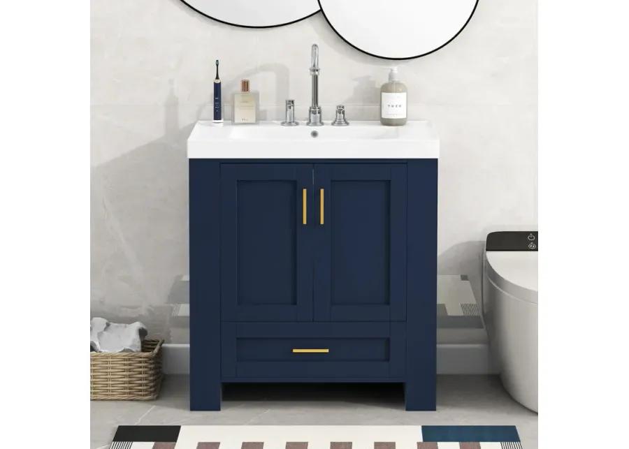 Vintage Blue and Gold Bathroom Cabinet with Storage, Durable Resin Basin