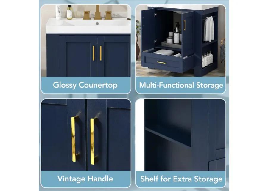 Vintage Blue and Gold Bathroom Cabinet with Storage, Durable Resin Basin