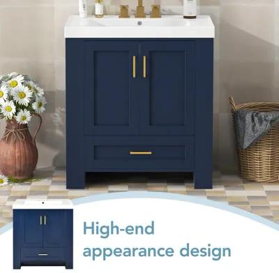 Vintage Blue and Gold Bathroom Cabinet with Storage, Durable Resin Basin