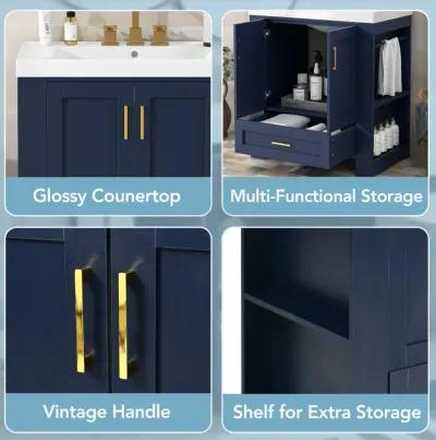 Vintage Blue and Gold Bathroom Cabinet with Storage, Durable Resin Basin