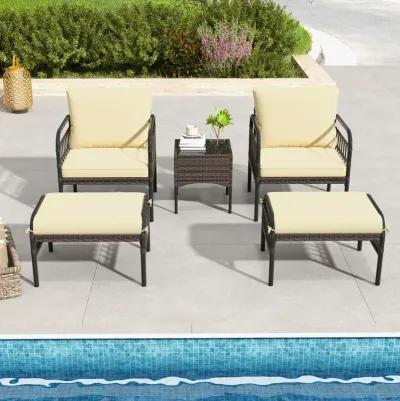 5 Piece Patio Conversation Set with Ottomans and Coffee Table