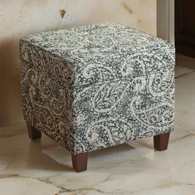 Paisley Pattern Fabric Upholstered Wooden Ottoman with Lift Off Top, Blue and Gray - Benzara