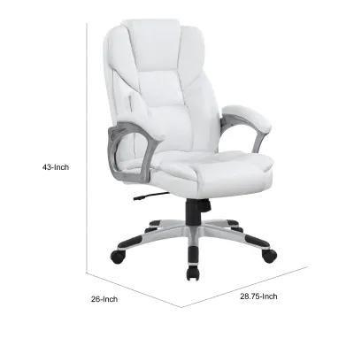 Contemporary Leatherette Executive High Back Chair, White, Silver - Benzara