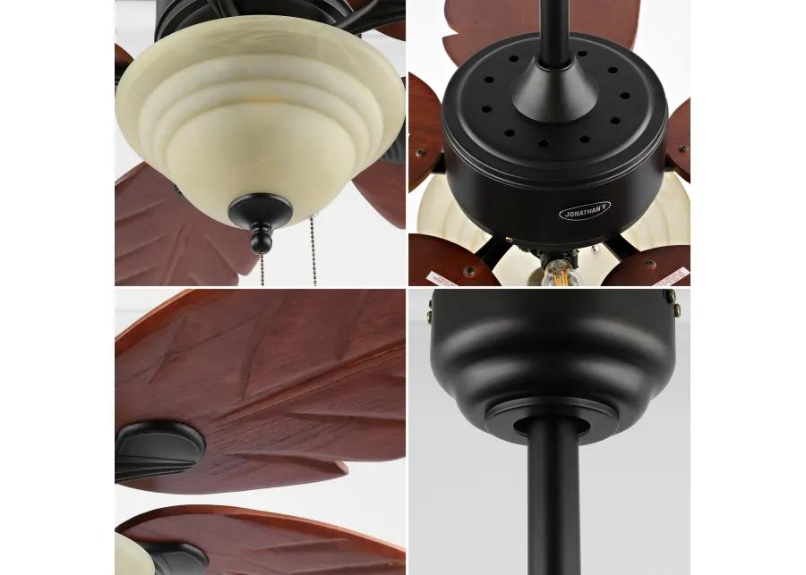 Poinciana 52" 3-Light Coastal Bohemian Iron/Wood Palm Leaf LED Ceiling Fan with Pull Chain, Dark Brown