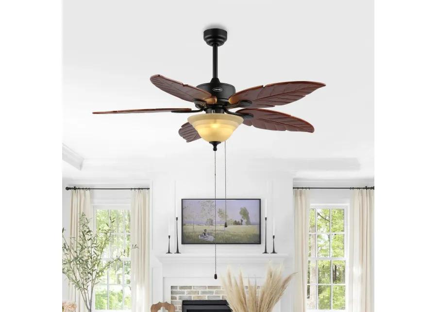 Poinciana 52" 3-Light Coastal Bohemian Iron/Wood Palm Leaf LED Ceiling Fan with Pull Chain, Dark Brown