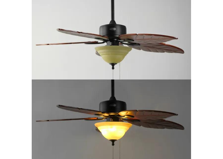 Poinciana 52" 3-Light Coastal Bohemian Iron/Wood Palm Leaf LED Ceiling Fan with Pull Chain, Dark Brown