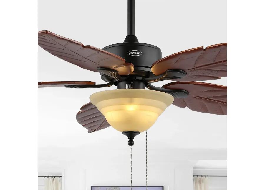 Poinciana 52" 3-Light Coastal Bohemian Iron/Wood Palm Leaf LED Ceiling Fan with Pull Chain, Dark Brown