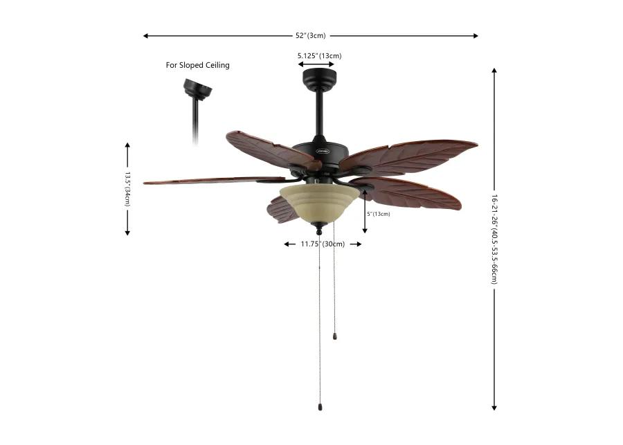 Poinciana 52" 3-Light Coastal Bohemian Iron/Wood Palm Leaf LED Ceiling Fan with Pull Chain, Dark Brown