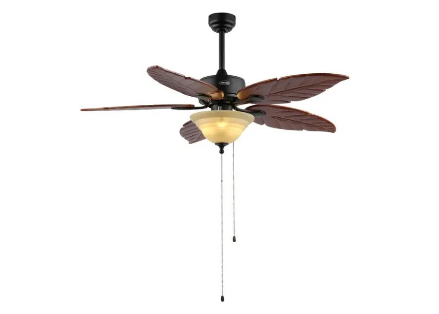 Poinciana 52" 3-Light Coastal Bohemian Iron/Wood Palm Leaf LED Ceiling Fan with Pull Chain, Dark Brown