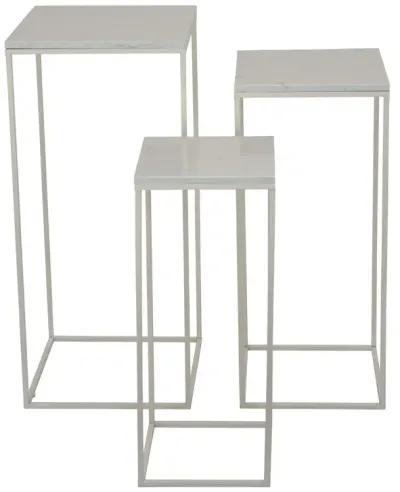 Plant Stand Table Set of 3, White Marble, Metal Frames, Square Tops - Benzara