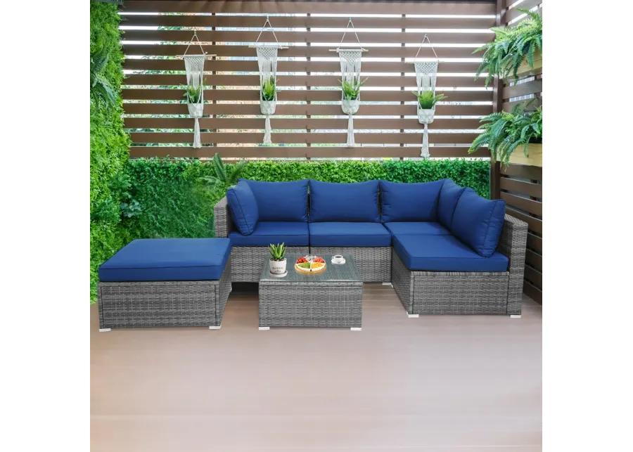 6 Pieces Outdoor Rattan Sofa Set with Seat and Back Cushions-Navy