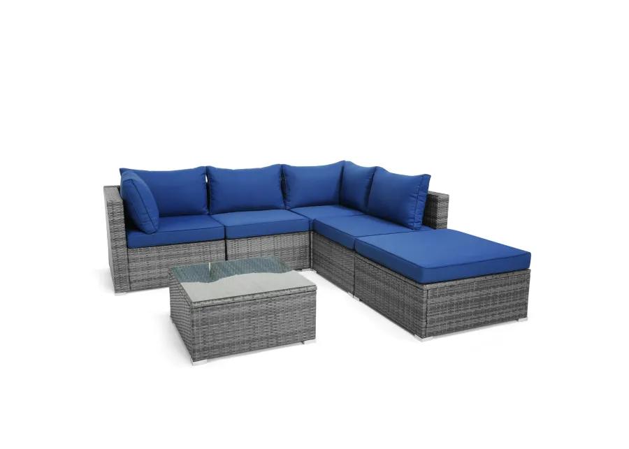 6 Pieces Outdoor Rattan Sofa Set with Seat and Back Cushions-Navy