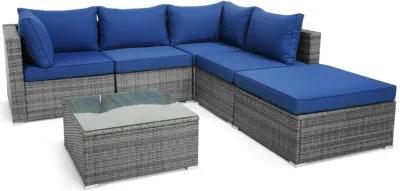 6 Pieces Outdoor Rattan Sofa Set with Seat and Back Cushions-Navy