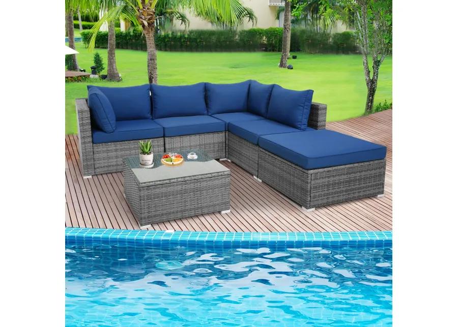 6 Pieces Outdoor Rattan Sofa Set with Seat and Back Cushions-Navy