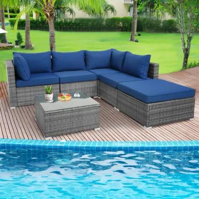 6 Pieces Outdoor Rattan Sofa Set with Seat and Back Cushions-Navy