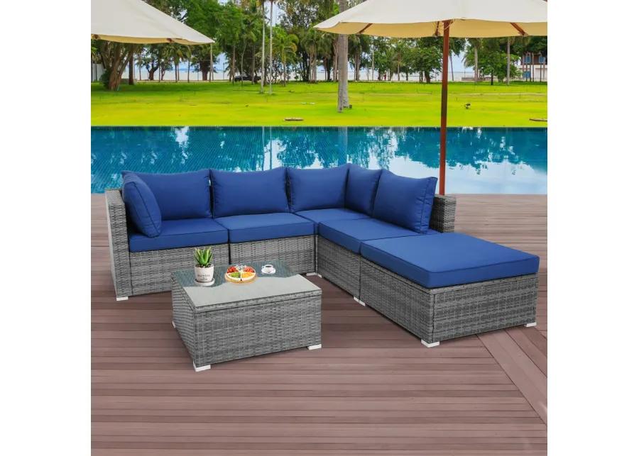 6 Pieces Outdoor Rattan Sofa Set with Seat and Back Cushions-Navy