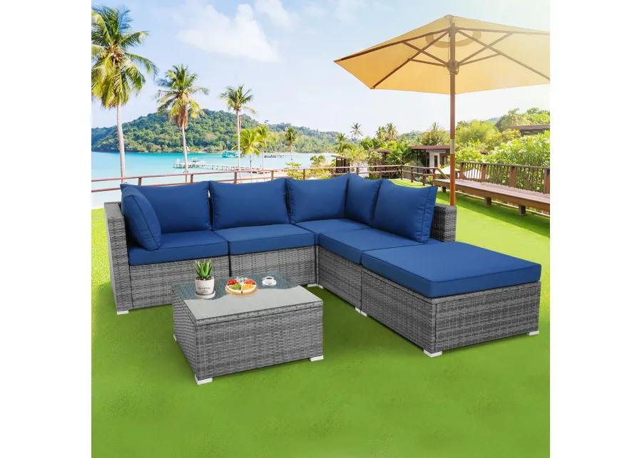 6 Pieces Outdoor Rattan Sofa Set with Seat and Back Cushions-Navy