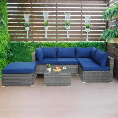 6 Pieces Outdoor Rattan Sofa Set with Seat and Back Cushions-Navy