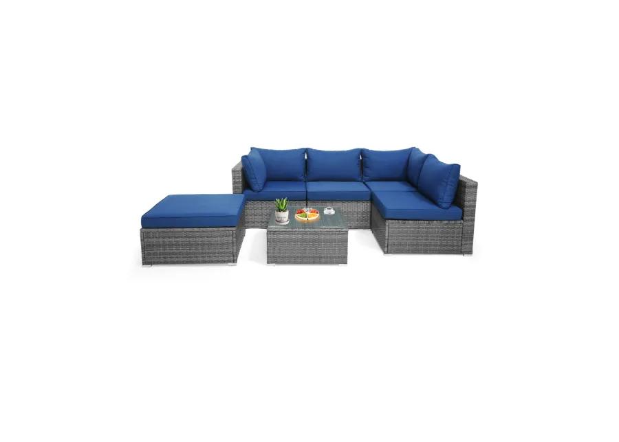 6 Pieces Outdoor Rattan Sofa Set with Seat and Back Cushions-Navy