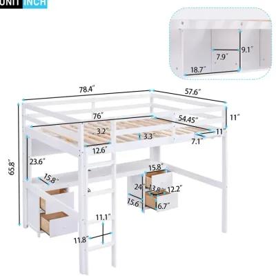 Full Size Loft Bed With Desk, Cabinets, Drawers And Bedside Tray, Charging Station