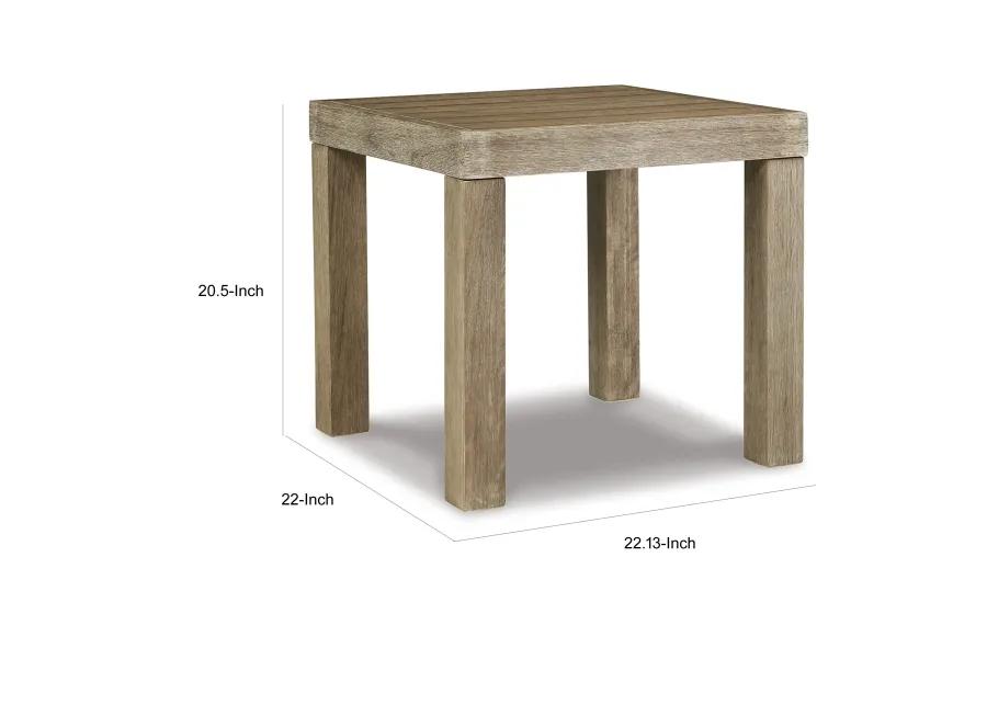 Fayi 22 Inch Outdoor End Table, Square Slatted Design, Natural Brown Finish - Benzara