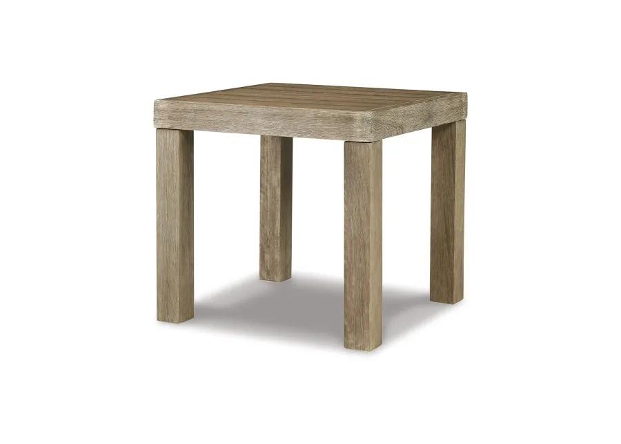 Fayi 22 Inch Outdoor End Table, Square Slatted Design, Natural Brown Finish - Benzara