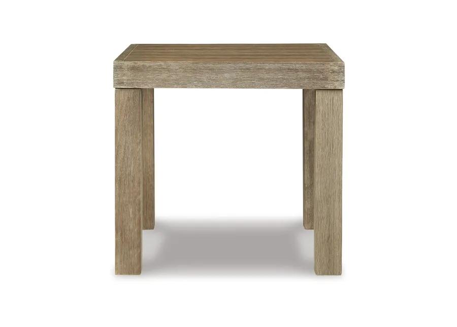 Fayi 22 Inch Outdoor End Table, Square Slatted Design, Natural Brown Finish - Benzara