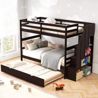 Hivvago Home Wood Bunk Bed with Guard Rail and 4-step Storage Stairs No Box Spring Needed