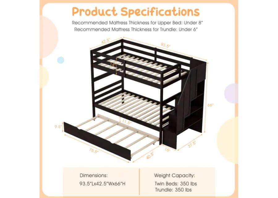 Hivvago Home Wood Bunk Bed with Guard Rail and 4-step Storage Stairs No Box Spring Needed