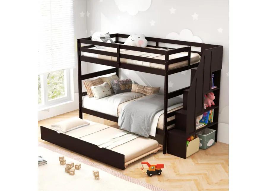 Hivvago Home Wood Bunk Bed with Guard Rail and 4-step Storage Stairs No Box Spring Needed