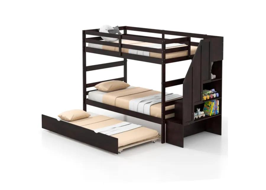 Hivvago Home Wood Bunk Bed with Guard Rail and 4-step Storage Stairs No Box Spring Needed