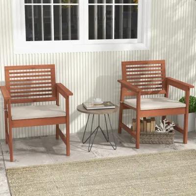 Set of 2 Patio Solid Wood Dining Chairs with Cushions and Slatted Seat