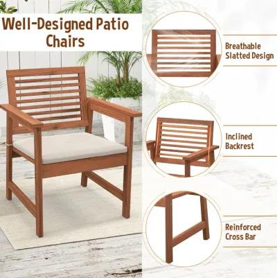 Set of 2 Patio Solid Wood Dining Chairs with Cushions and Slatted Seat