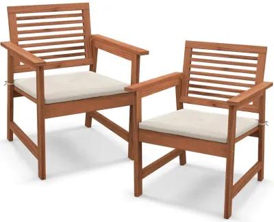 Set of 2 Patio Solid Wood Dining Chairs with Cushions and Slatted Seat