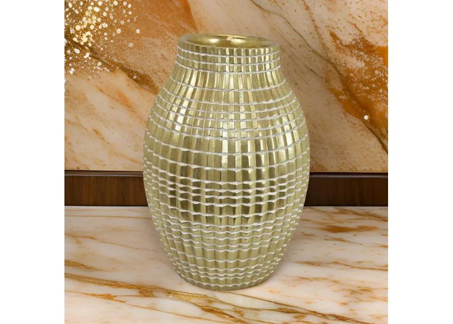 16 Inch Flower Vase, Long Curved Shape, Elegant Gold Textured Resin Finish - Benzara