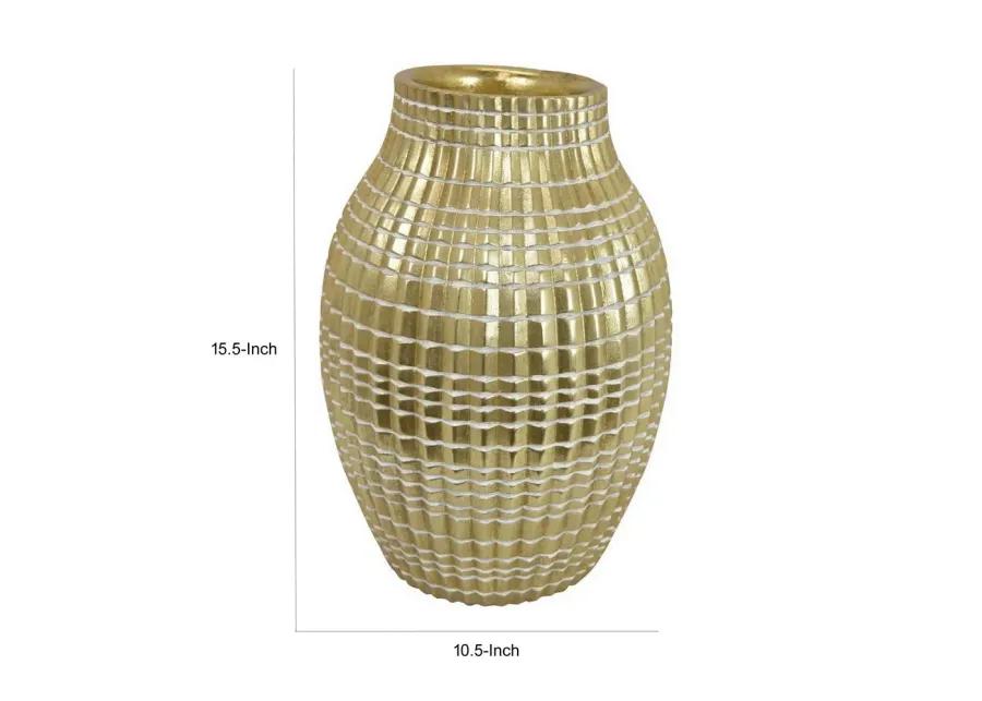 16 Inch Flower Vase, Long Curved Shape, Elegant Gold Textured Resin Finish - Benzara