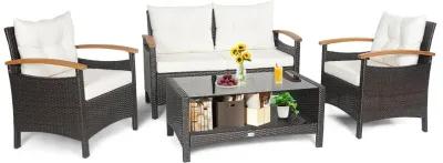 4 Pieces Patio Rattan Furniture Set with Cushioned Sofa and Storage Table