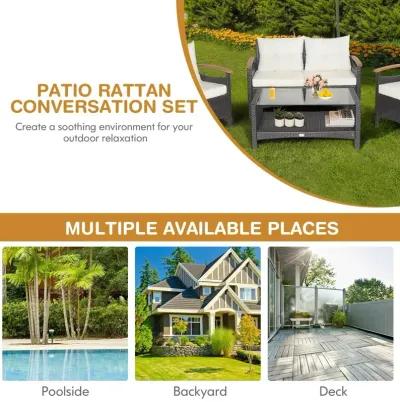 4 Pieces Patio Rattan Furniture Set with Cushioned Sofa and Storage Table